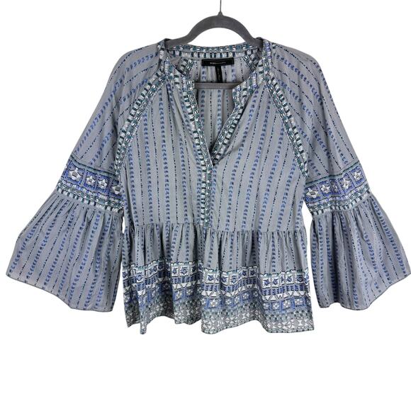 BCBGMaxazria Blue Gray Long Bell Sleeve Split Neck Lightweight Blouse Size XS - Picture 2 of 6